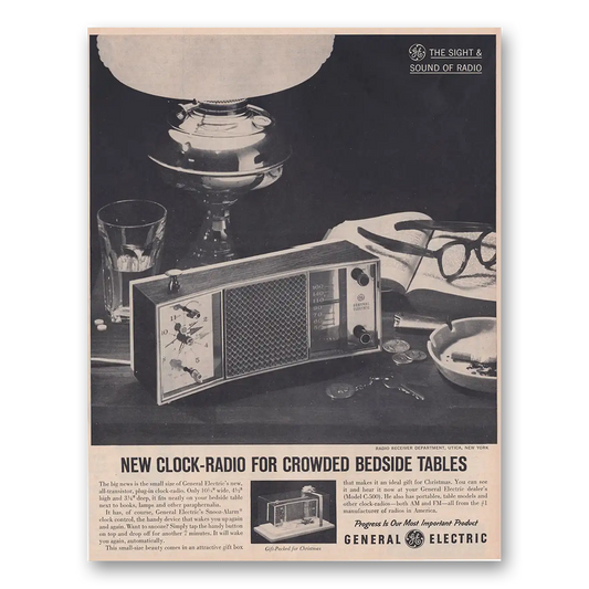 1961 General Electric Radio New Clock Radio for Crowded Bedside Tables Vintage Magazine Print Ad