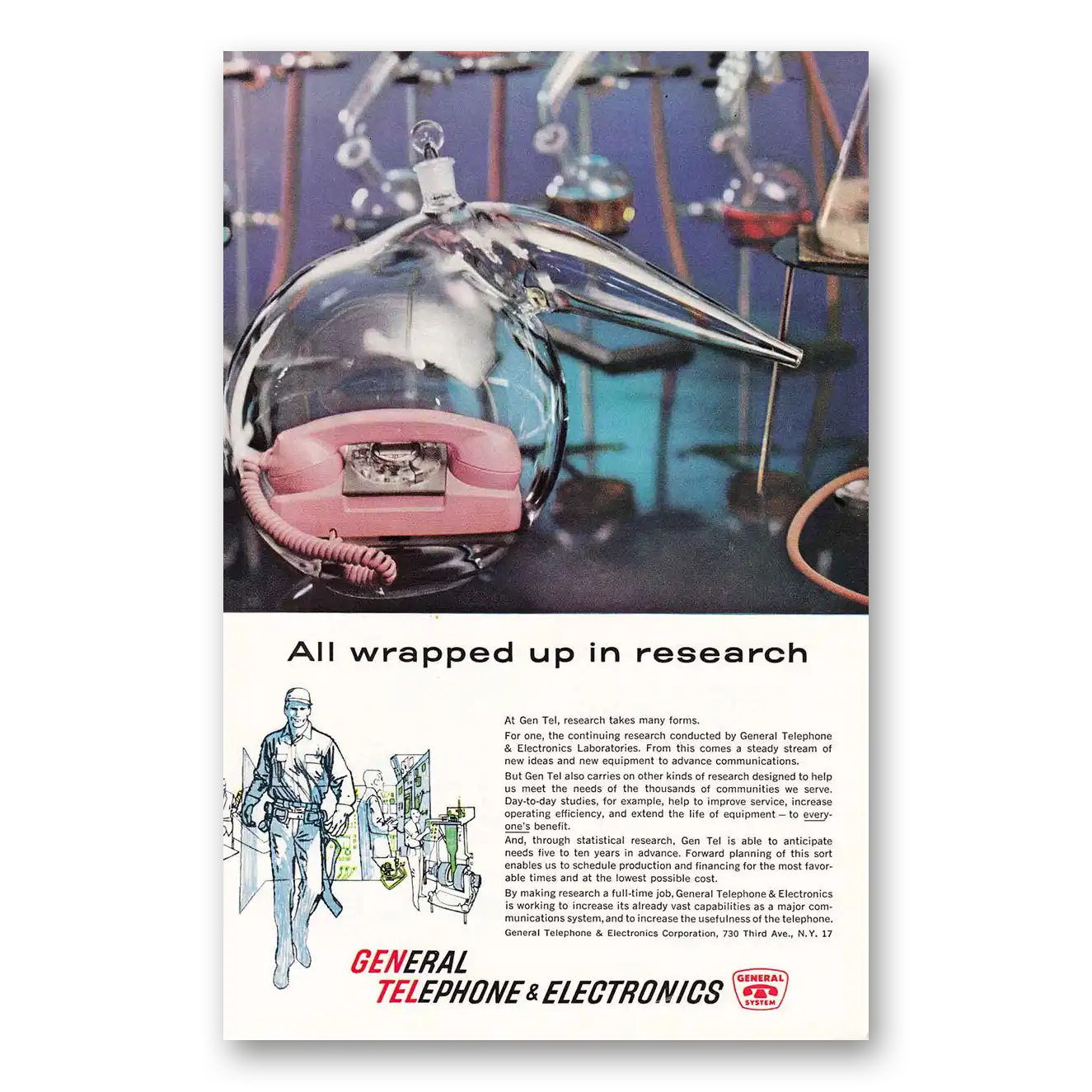 1961 General Telephone GTE All Wrapped Up In Research Vintage Magazine Print Ad