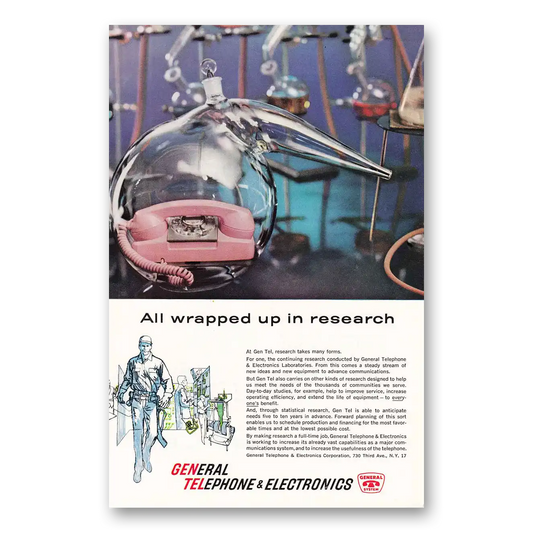 1961 General Telephone GTE All Wrapped Up In Research Vintage Magazine Print Ad