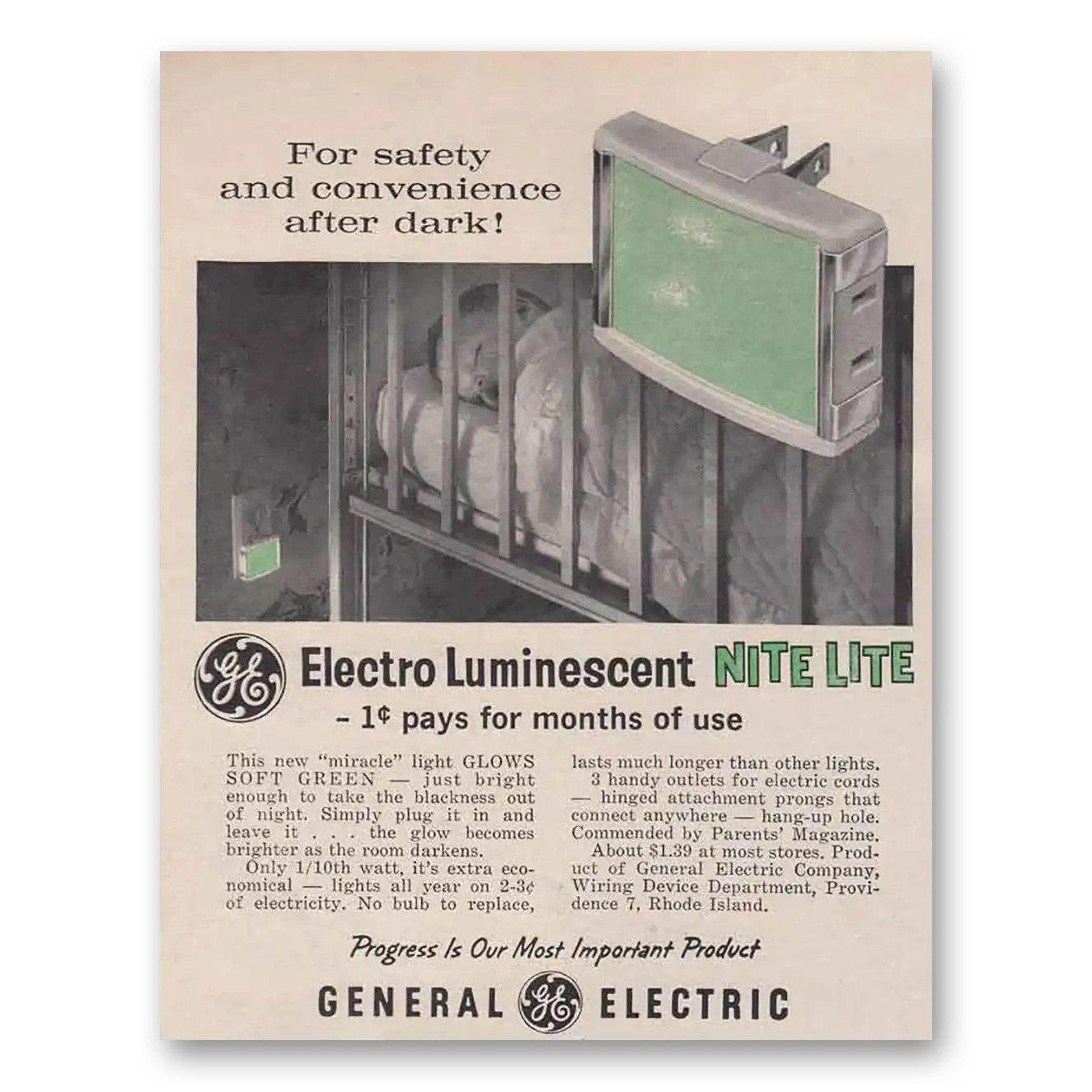 1961 General Electric Nite Lite Electro Luminescent Vintage Magazine Print Ad