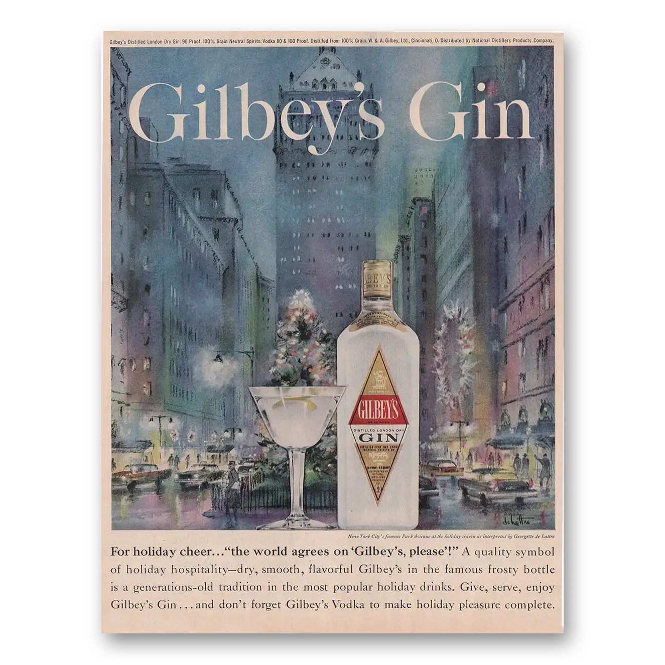 1961 Gilbeys Gin For Holiday Cheer New York Park Avenue Christmas Vintage Magazine Print Ad