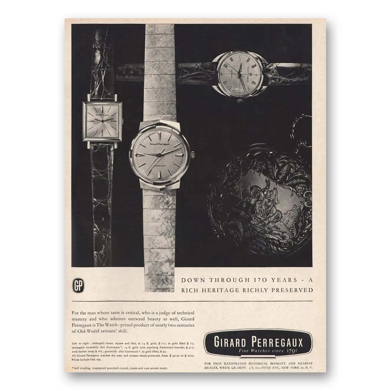 1961 Girard Perregaux Down Through 170 Years Vintage Magazine Print Ad