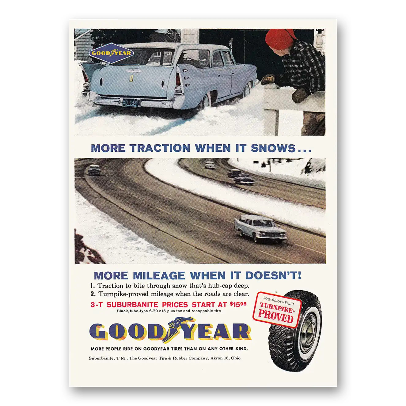 1961 Goodyear Tires More Traction When It Snows Vintage Magazine Print Ad