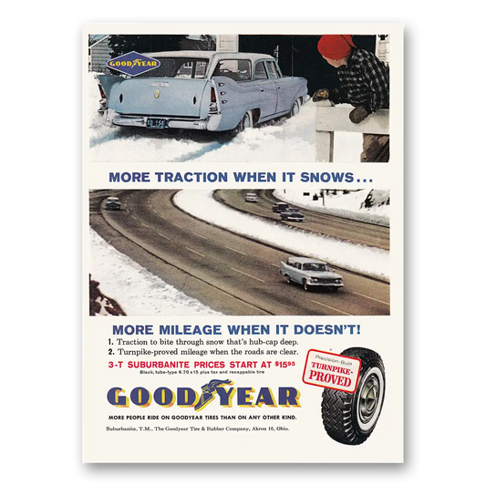 1961 Goodyear Tires More Traction When It Snows Vintage Magazine Print Ad