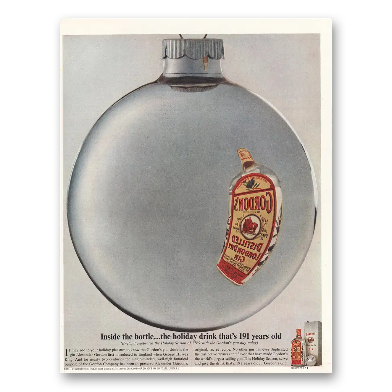 1961 Gordons Gin Inside Bottle Holiday Drink LRG Vintage Magazine Print Ad