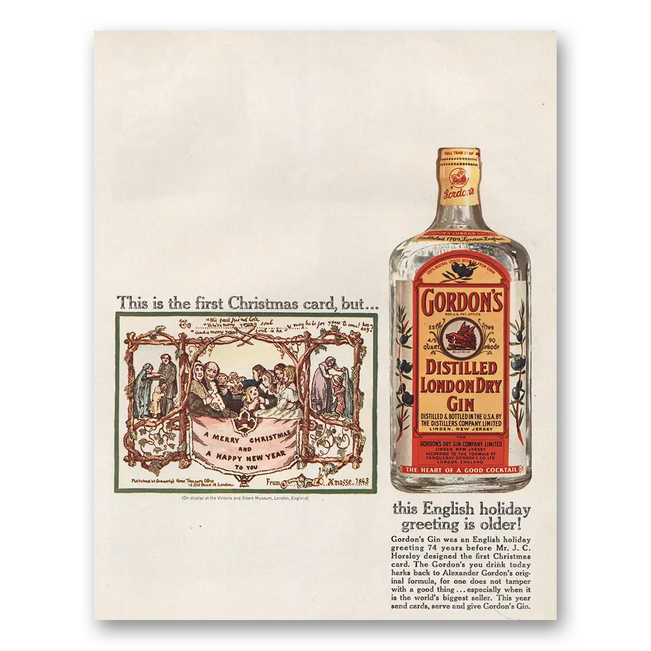 1961 Gordons Gin This Is the First Christmas Card Vintage Magazine Print Ad