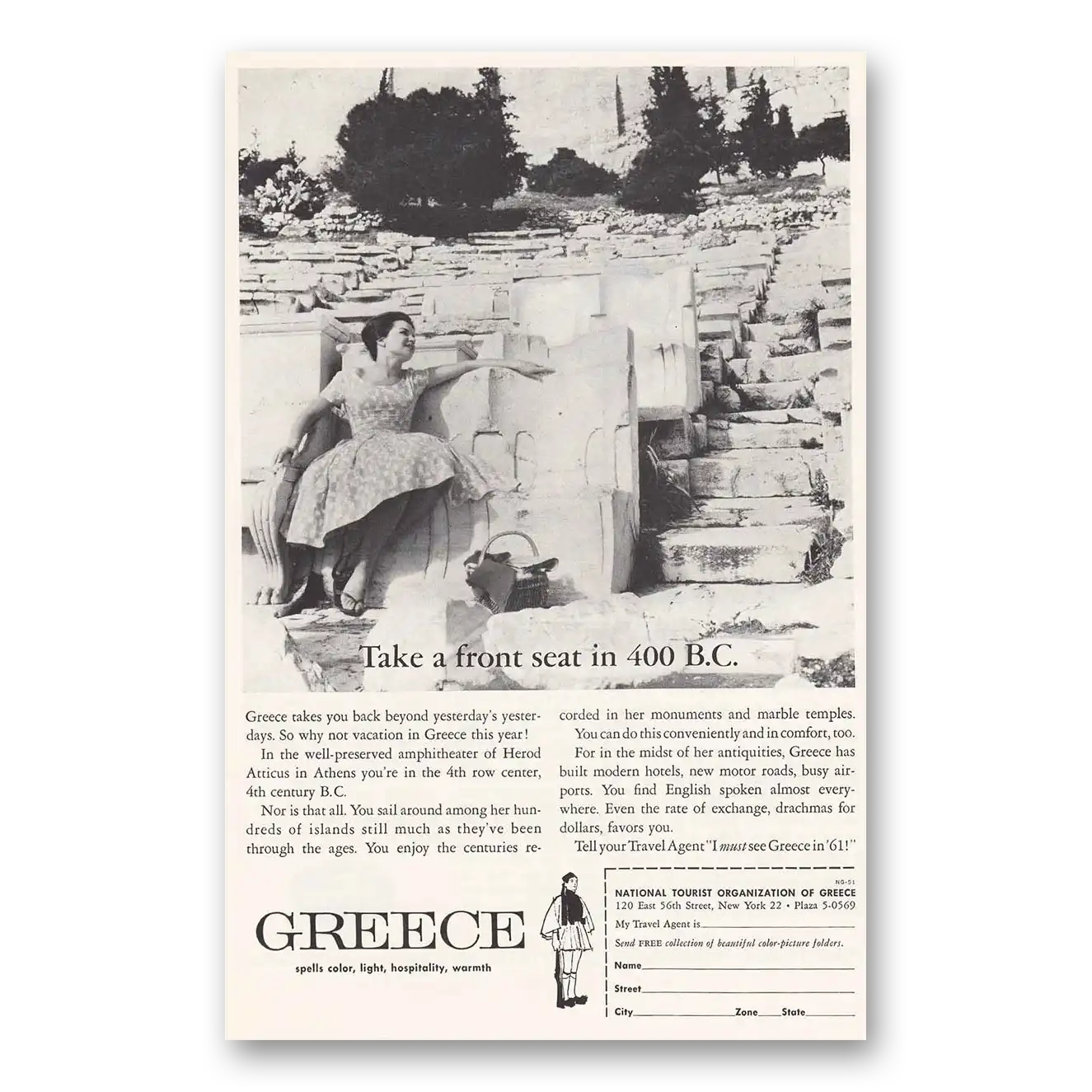 1961 Greece Take a Front Seat in 400 BC Vintage Magazine Print Ad