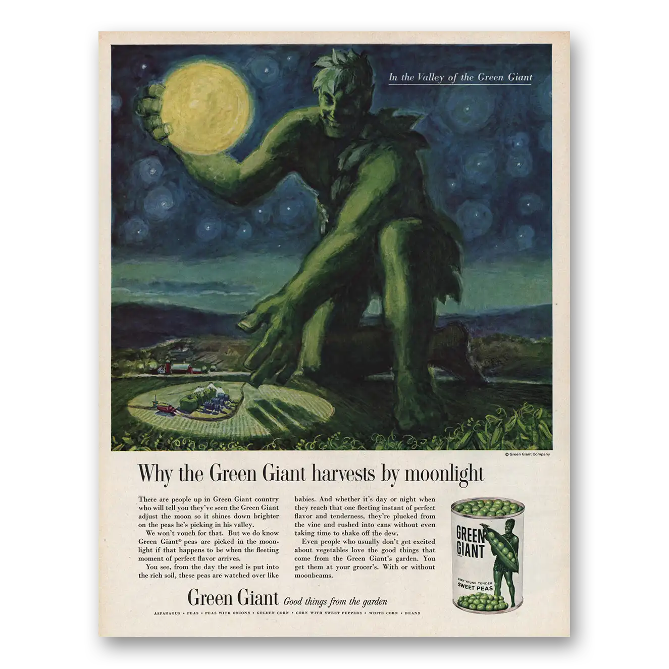 1961 Green Giant Sweet Peas Harvests by Moonlight Vintage Magazine Print Ad