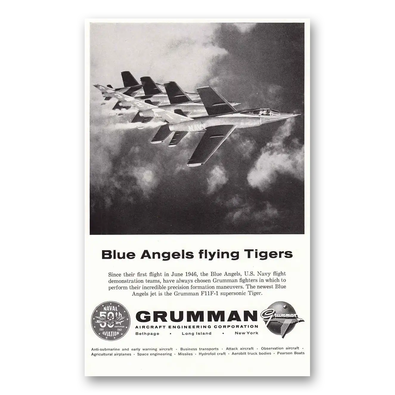 1961 Grumman Aircraft Blue Angels Flying Tigers Vintage Magazine Print Ad