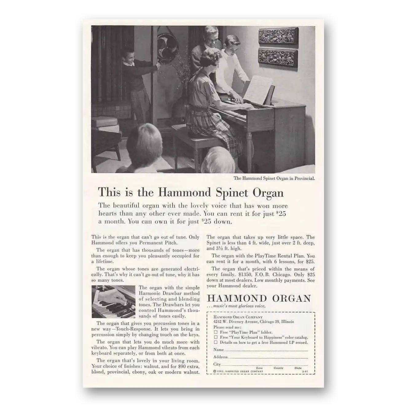 1961 Hammond Organ Spinet Organ Provincial Vintage Magazine Print Ad