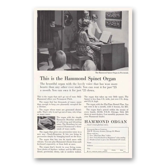 1961 Hammond Organ Spinet Organ Provincial Vintage Magazine Print Ad