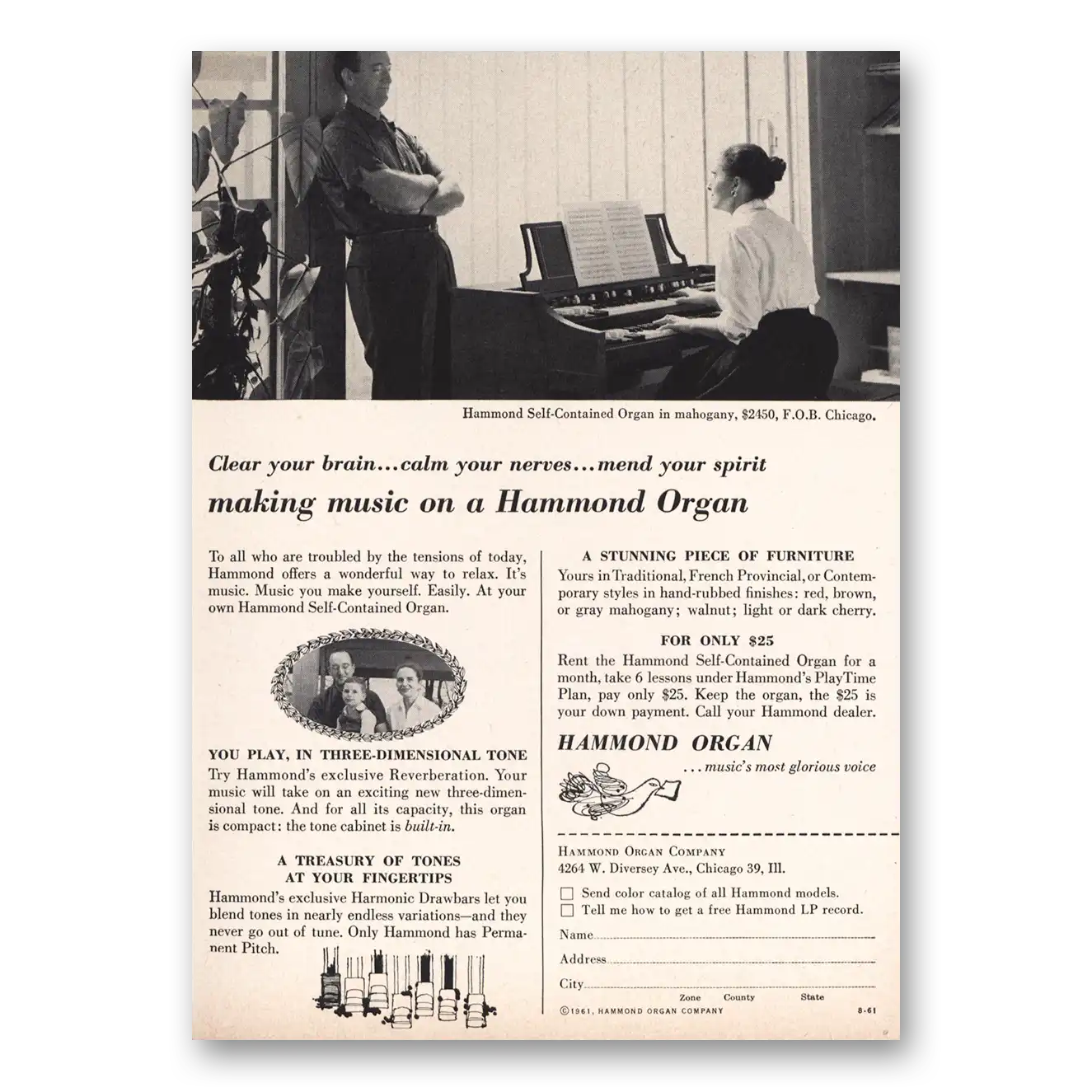 1961 Hammond Organ Clear Your Brain Vintage Magazine Print Ad