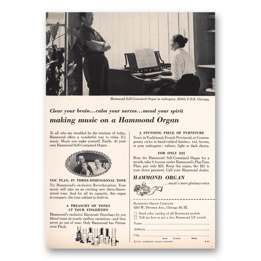 1961 Hammond Organ Clear Your Brain Vintage Magazine Print Ad