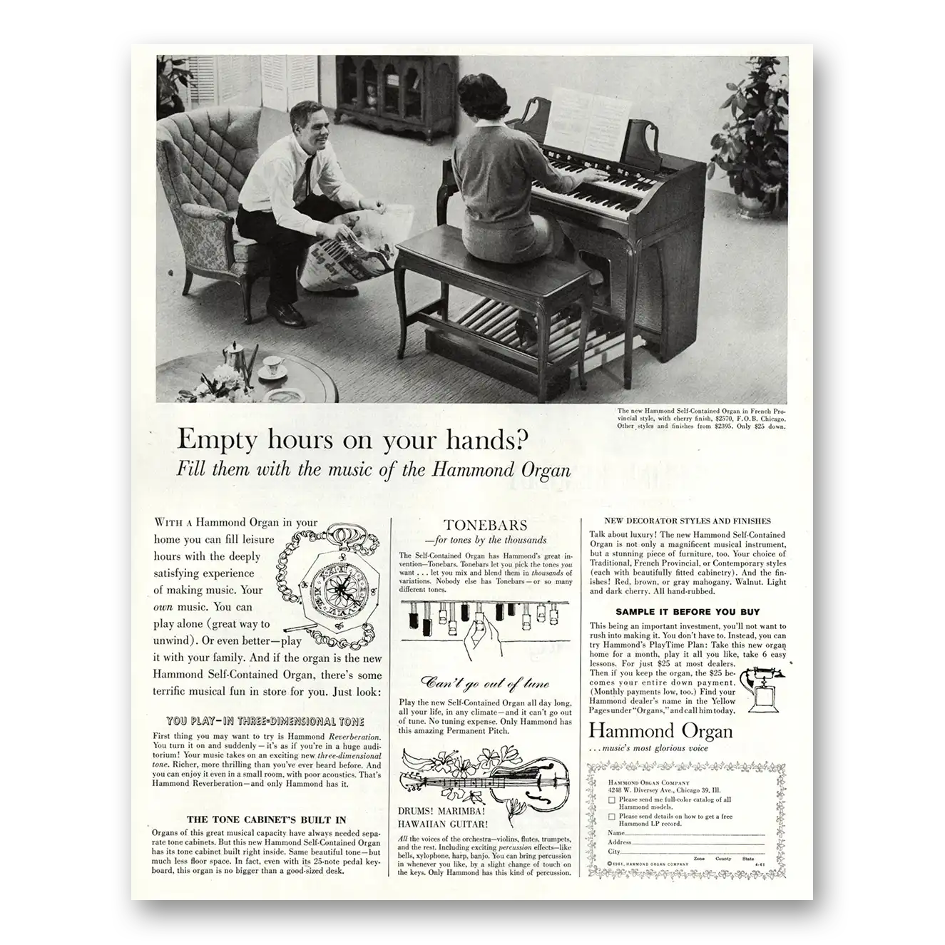 1961 Hammond Organ Empty Hours On Your Hands Vintage Magazine Print Ad