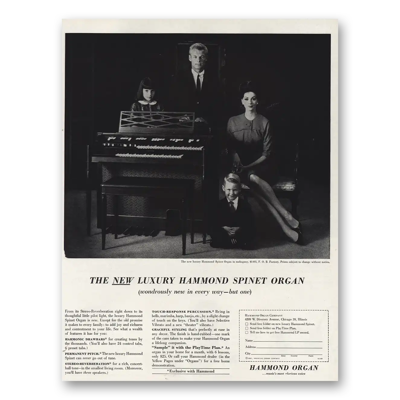 1961 Hammond Organ Spinet Organ Wondrously New In Every Way Vintage Magazine Print Ad