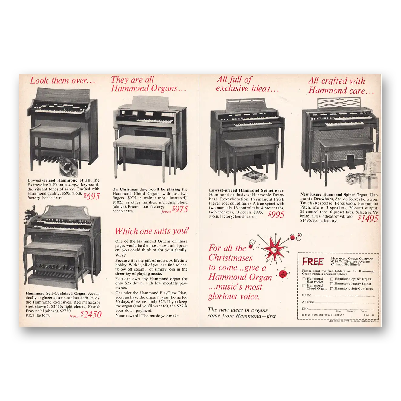 1961 Hammond Organ For All the Christmases To Come Vintage Magazine Print Ad