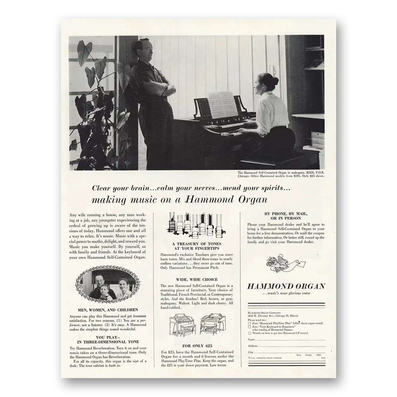 1961 Hammond Organ Clear Brain Calm Nerves Vintage Magazine Print Ad