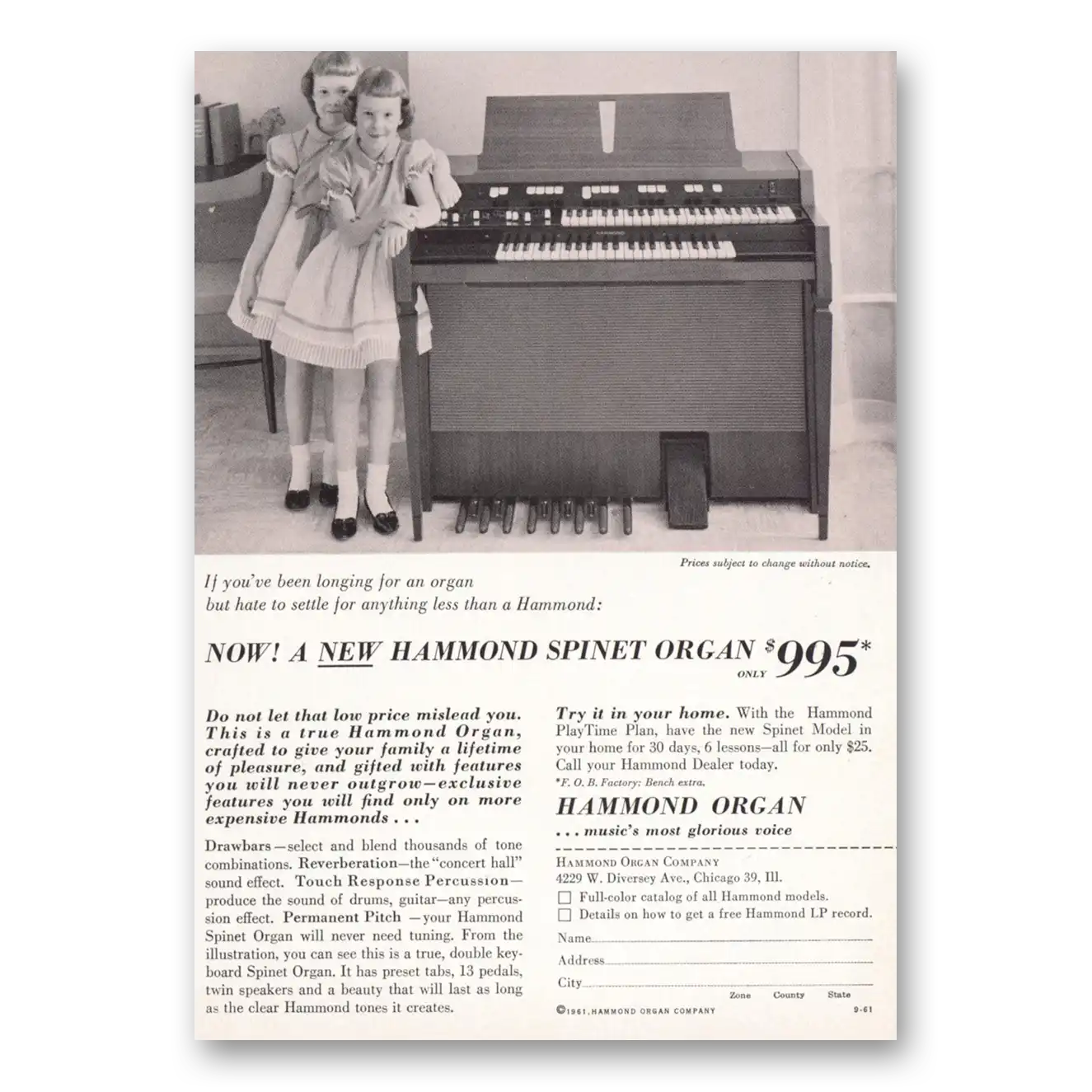 1961 Hammond Organ Spinet Organ Longing For an Organ Vintage Magazine Print Ad