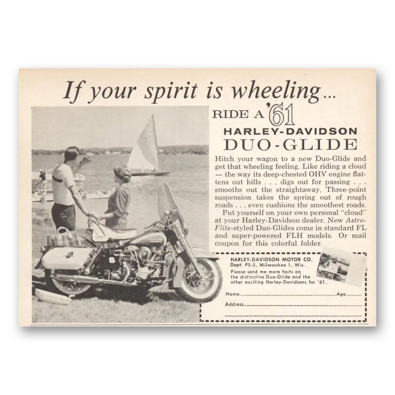 1961 Harley Davidson Your Spirit Is Wheeling Vintage Magazine Print Ad