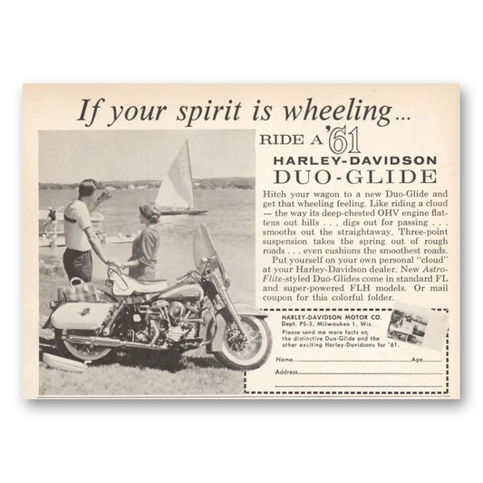 1961 Harley Davidson Your Spirit Is Wheeling Vintage Magazine Print Ad