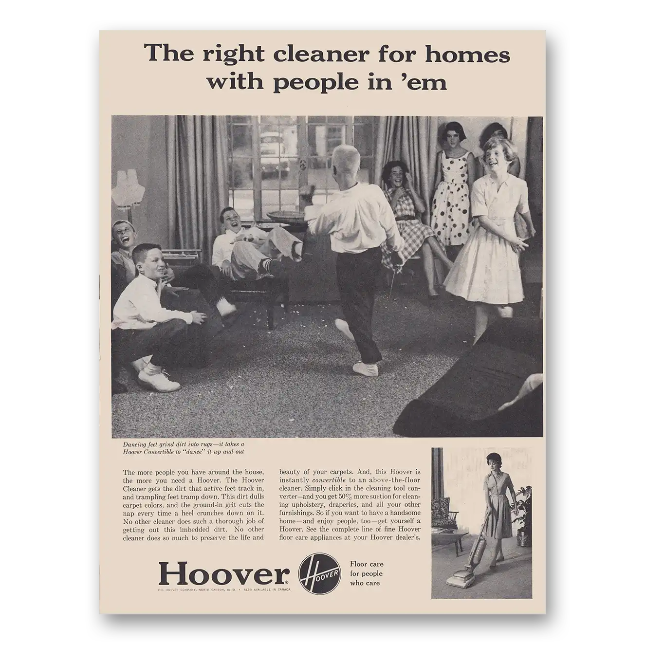 1961 Hoover Vacuum Right Cleaner for Homes with People Vintage Magazine Print Ad