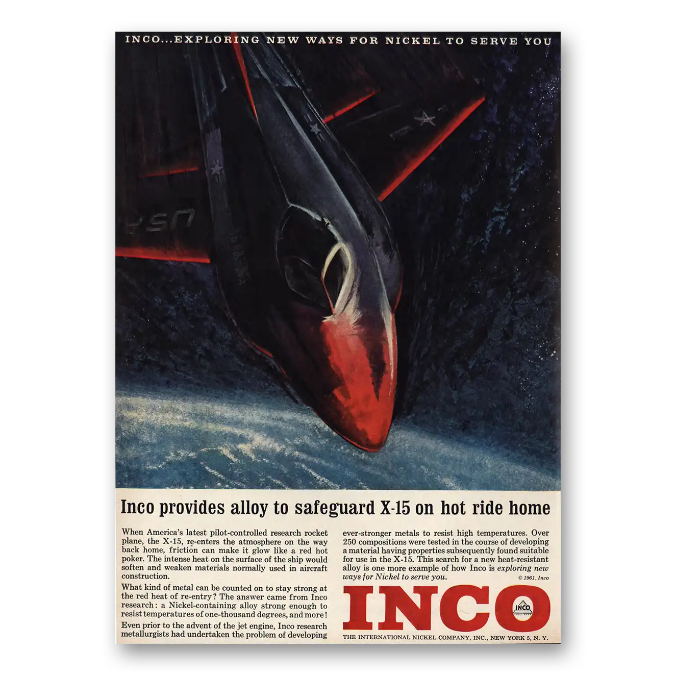 1961 International Nickel INCO Safeguard X15 On Hot Ride Home Vintage Magazine Print Ad