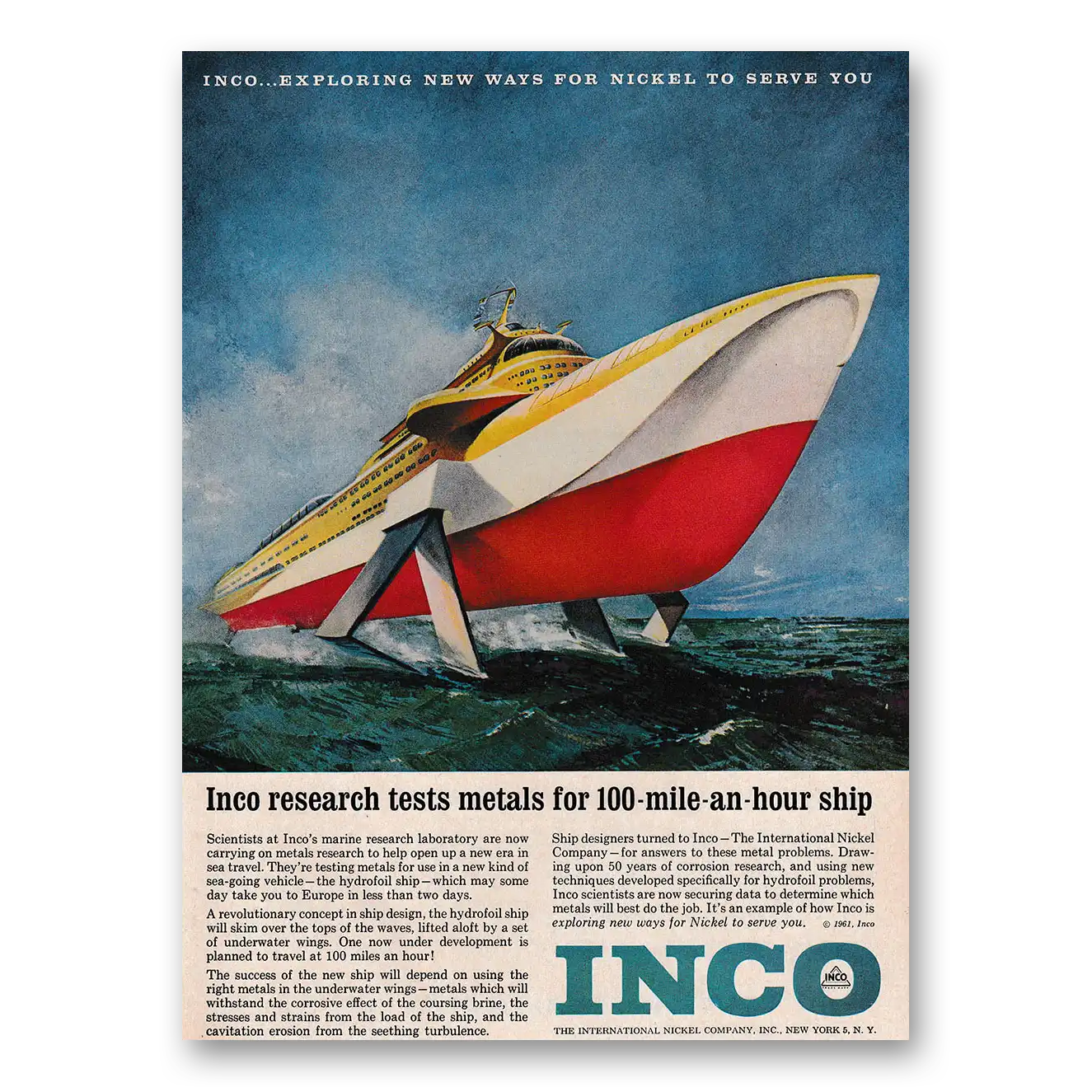 1961 International Nickel INCO Tests Metals for 100 Miles an Hour Ship Vintage Magazine Print Ad