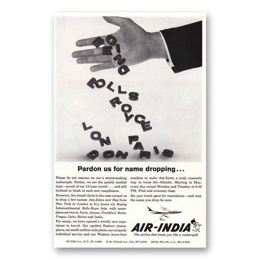 1961 Air India Pardon Us for Name Dropping Vintage Magazine Print Ad