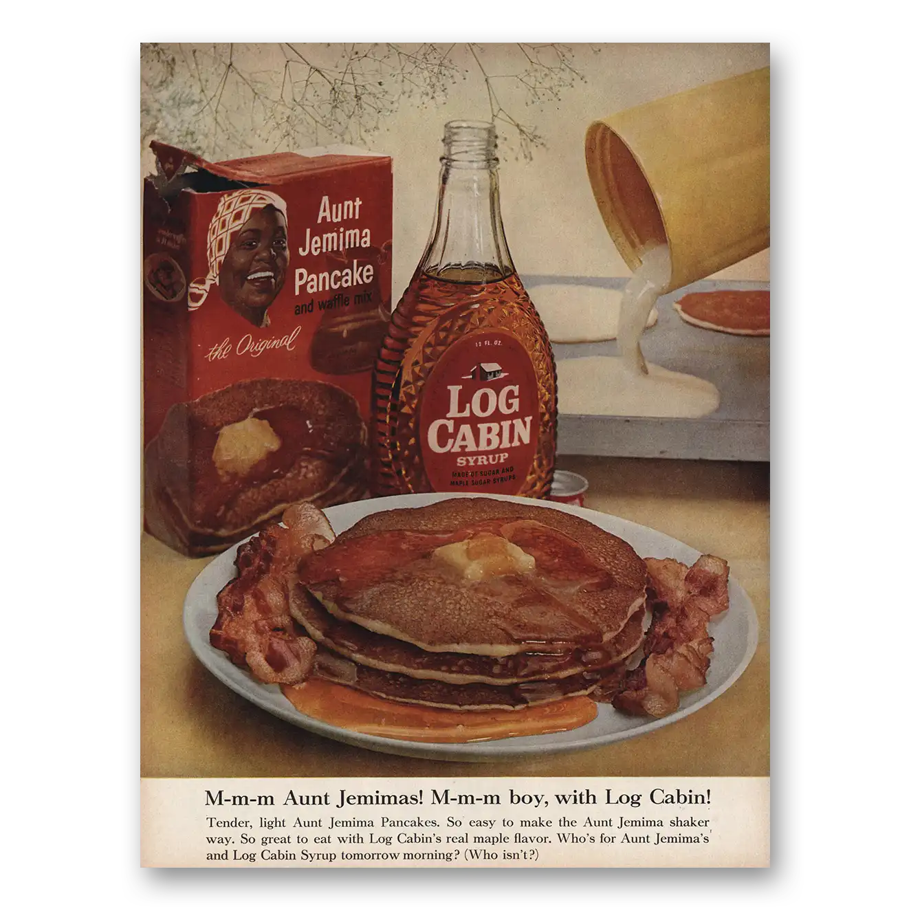 1961 Aunt Jemima Log Cabin Tender Light Pancakes Vintage Magazine Print Ad