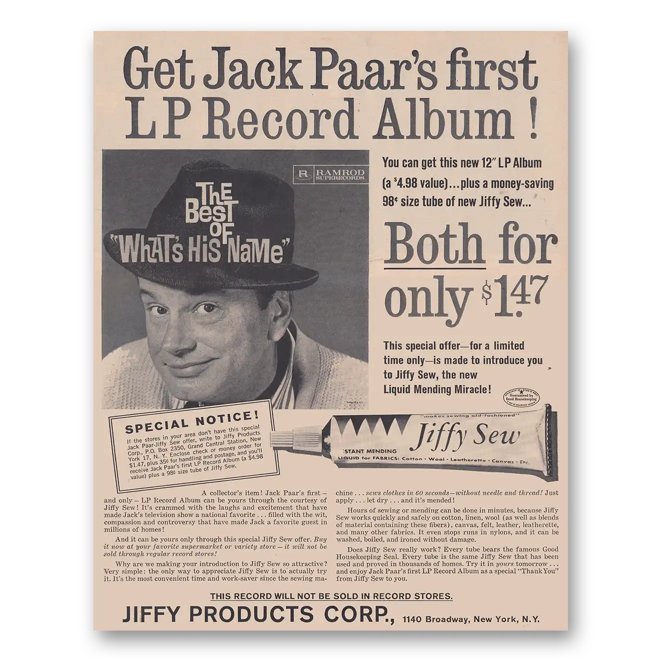 1961 Jiffy Sew Sew Get Jack Paars First LP Record Album Vintage Magazine Print Ad