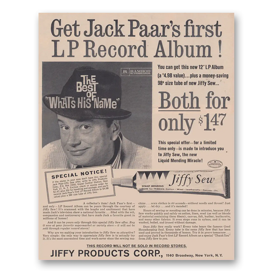 1961 Jiffy Sew Sew Get Jack Paars First LP Record Album Vintage Magazine Print Ad