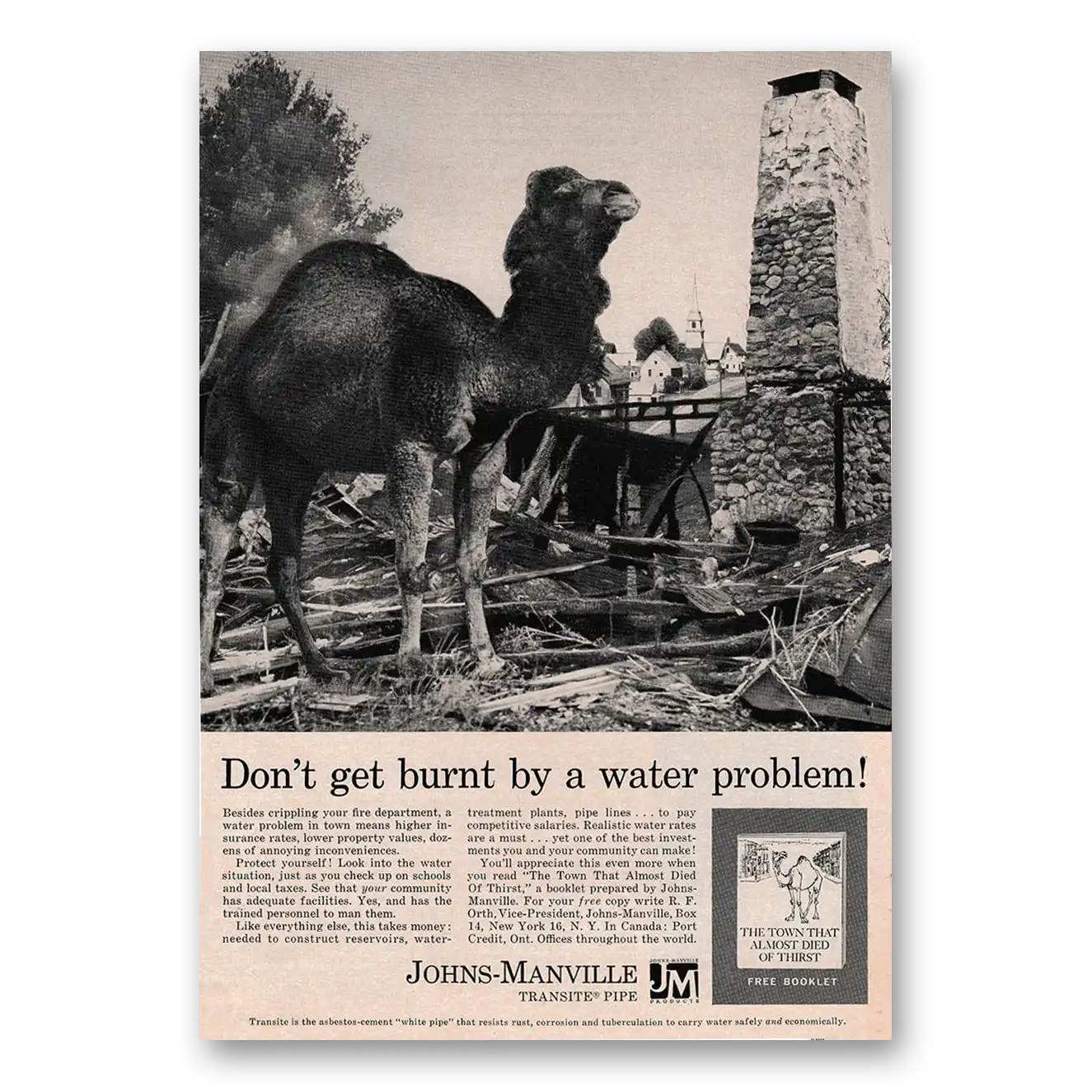 1961 Johns Manville Don't Get Burnt By a Water Problem Vintage Magazine Print Ad