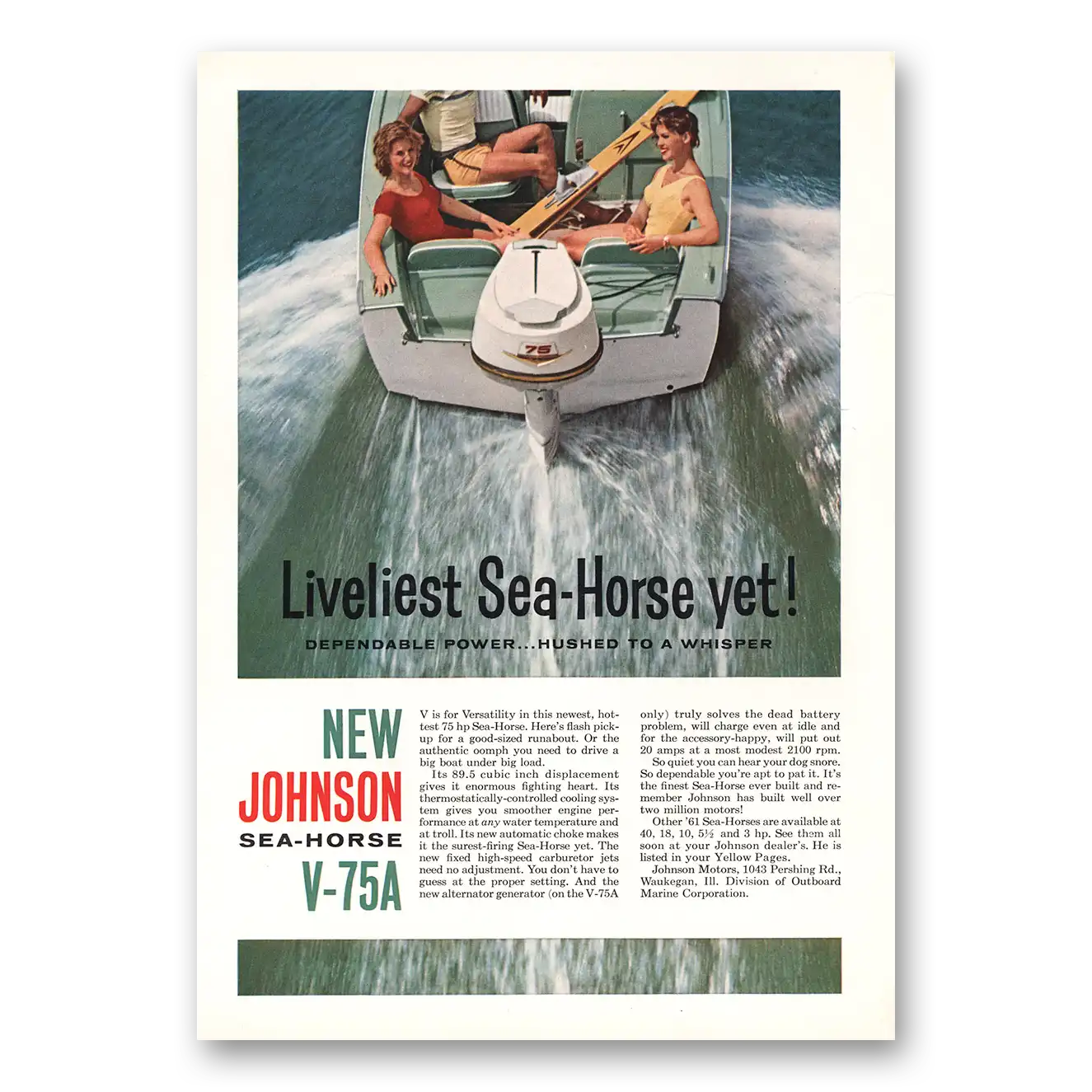 1961 Johnson Sea Horse Motors Liveliest Sea Horse Vintage Magazine Print Ad