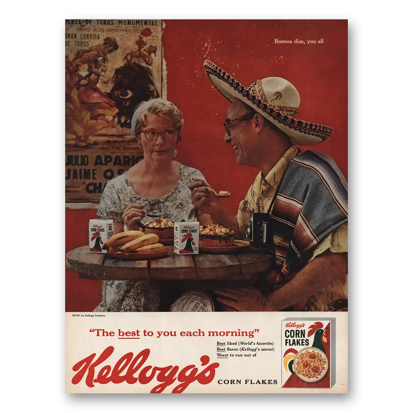 1961 Kelloggs Corn Flakes Buenos Dias You All Vintage Magazine Print Ad