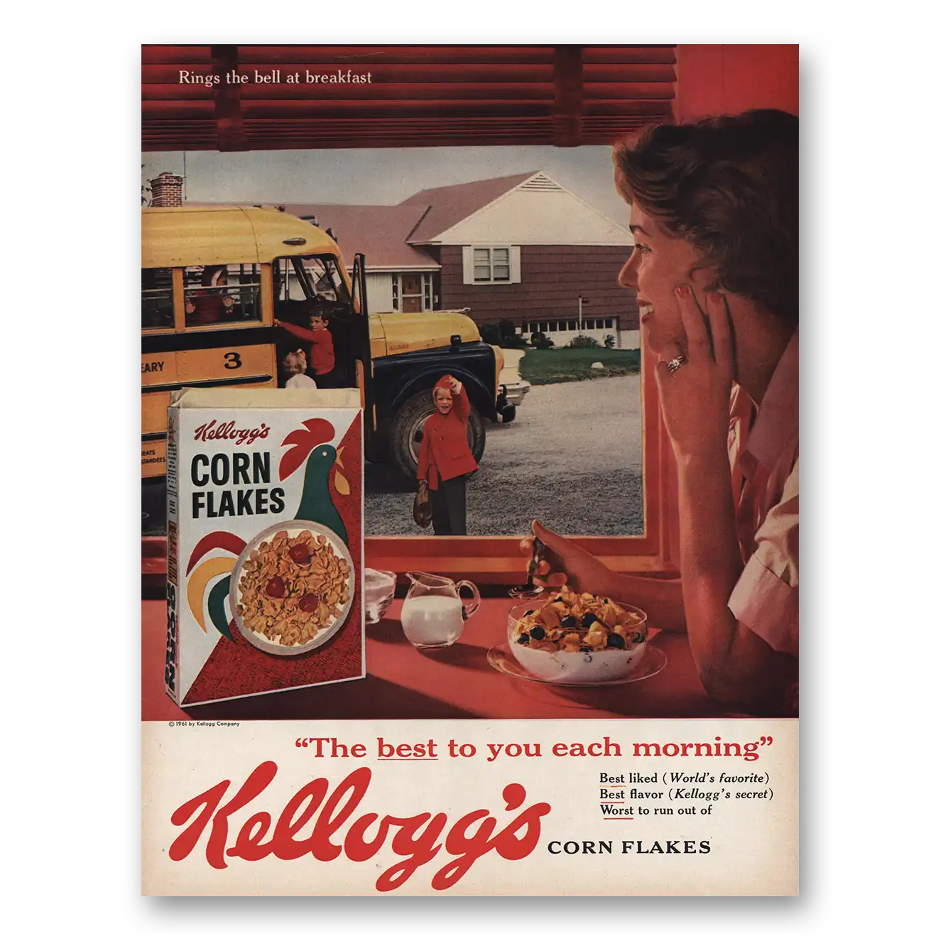 1961 Kelloggs Corn Flakes Rings the Bell at Breakfast Vintage Magazine Print Ad