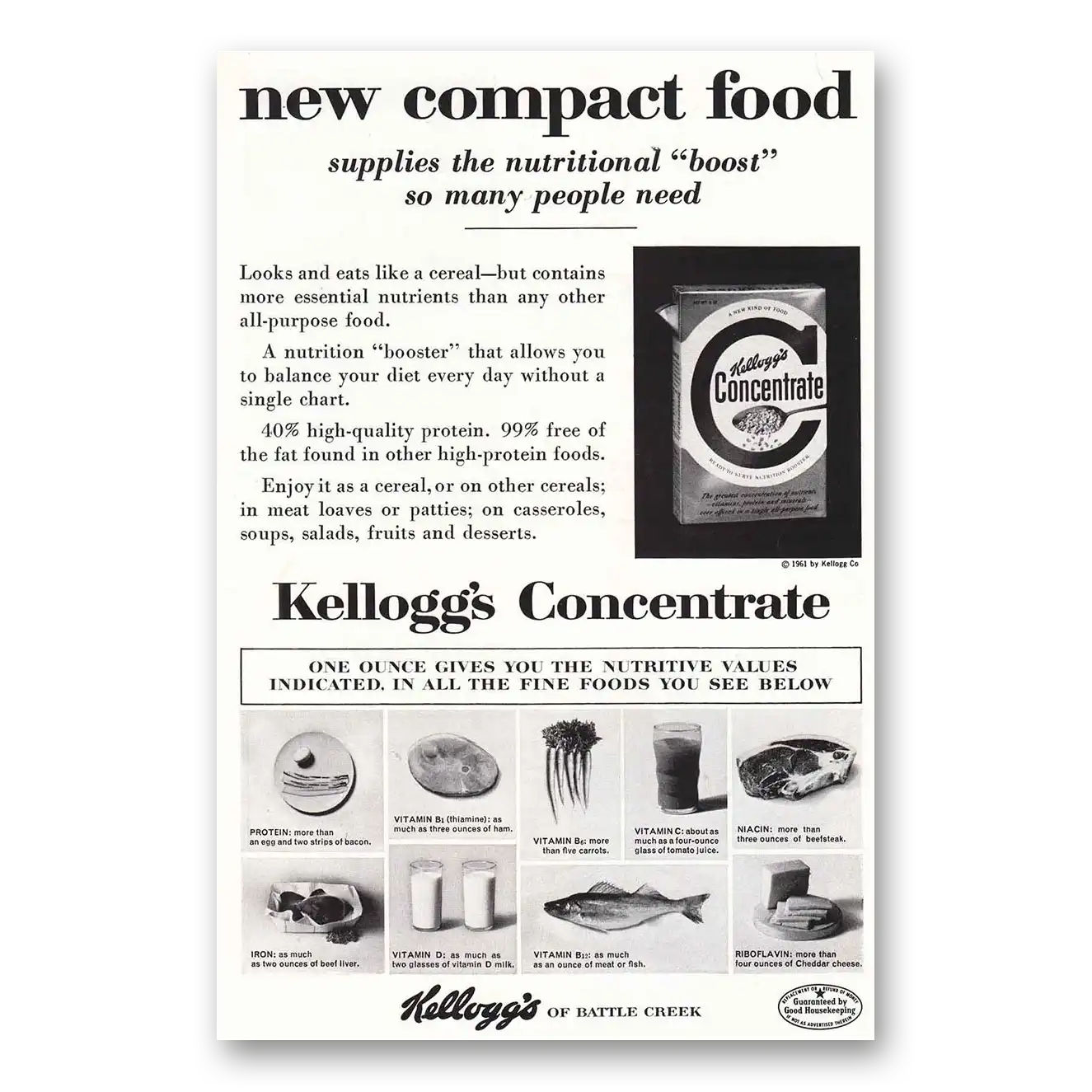 1961 Kelloggs Concentrate Cereal New Compact Food Vintage Magazine Print Ad