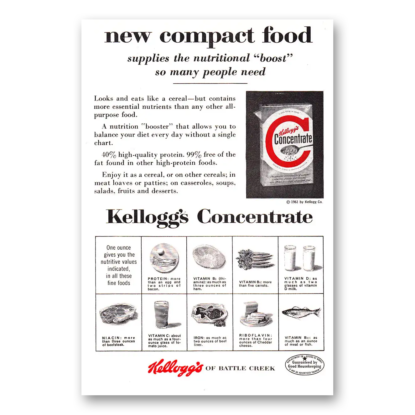 1961 Kelloggs Concentrate Cereal New Compact Food Vintage Magazine Print Ad