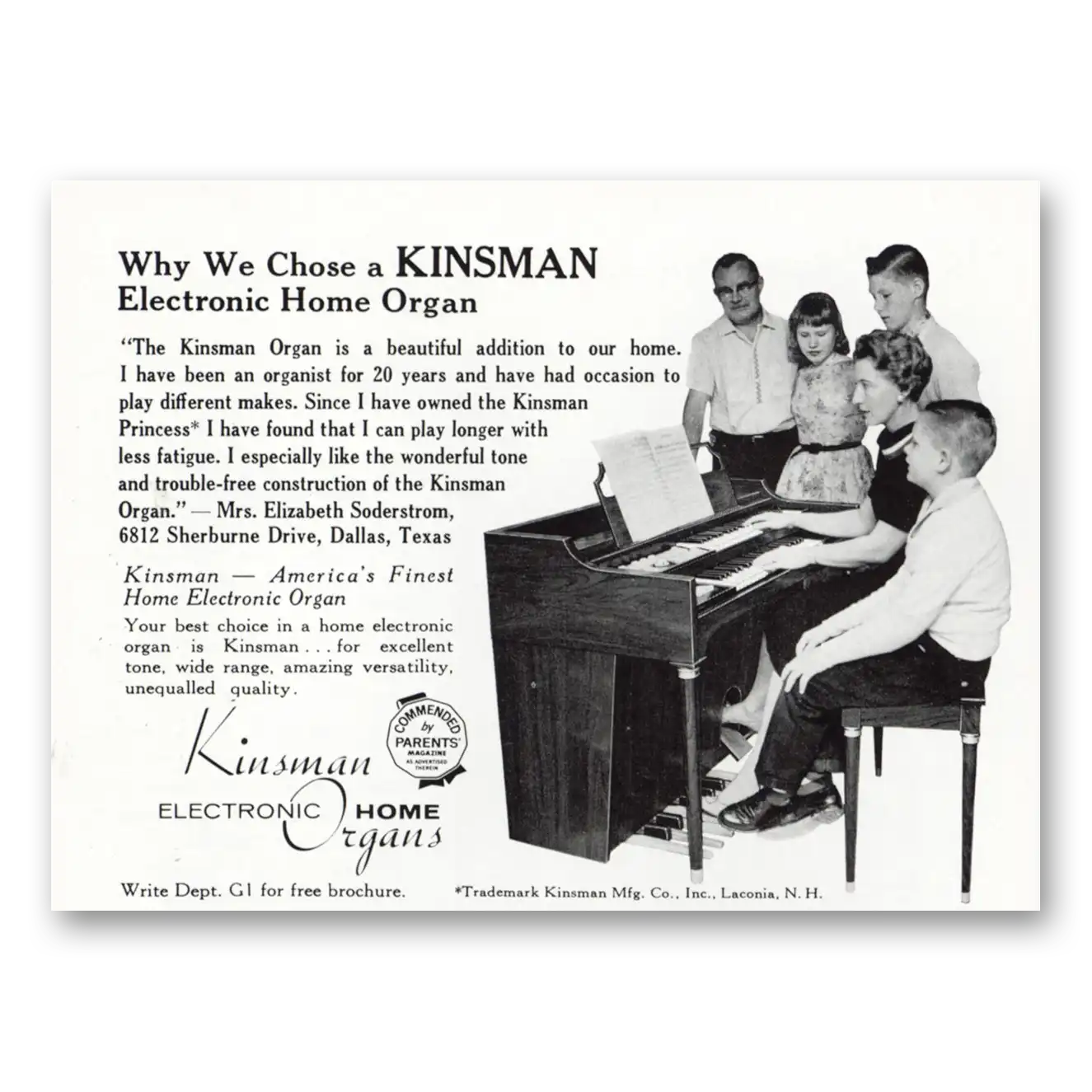 1961 Kinsman Home Organs Electronic Home Organ Why We Chose Vintage Magazine Print Ad