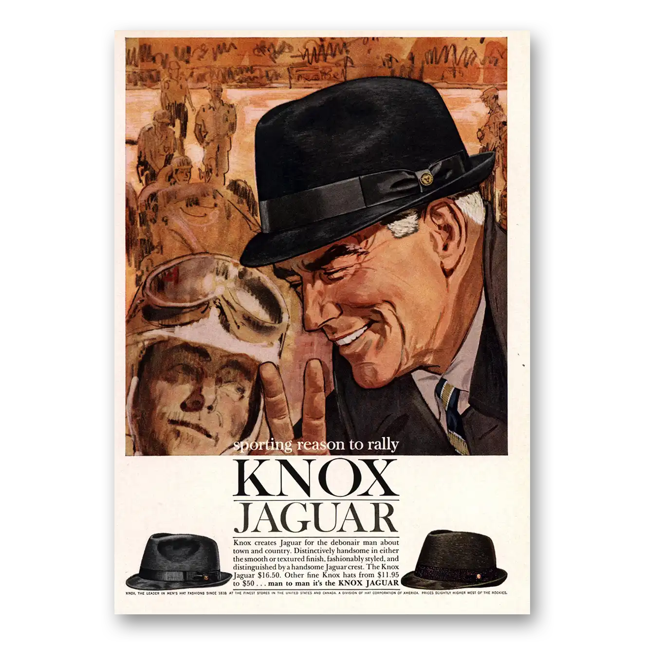 1961 Knox Hats Jaguar Hat Sporting Reason to Rally Vintage Magazine Print Ad