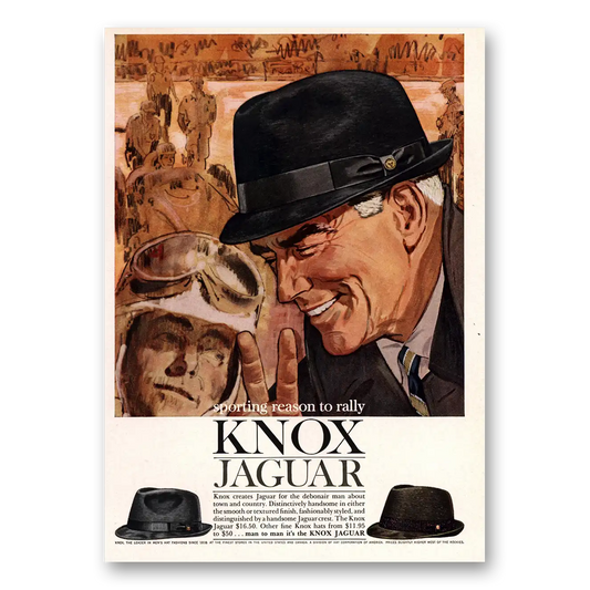 1961 Knox Hats Jaguar Hat Sporting Reason to Rally Vintage Magazine Print Ad