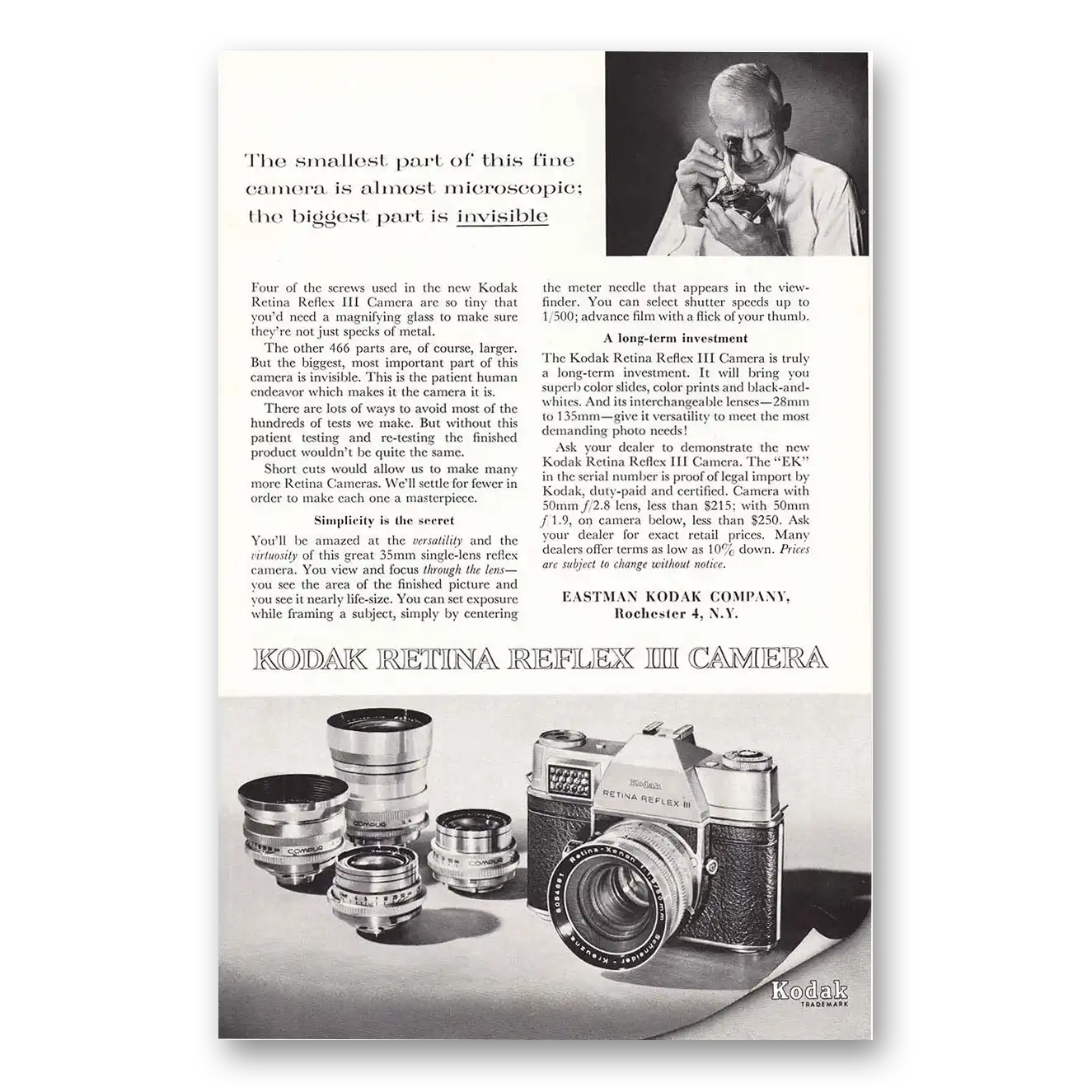 1961 Kodak Retina Camera Almost Microscopic Vintage Magazine Print Ad