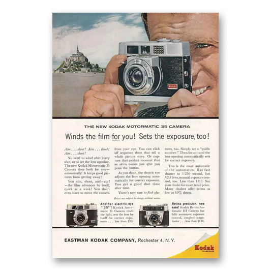 1961 Kodak Motormatic Camera Winds the Film for You Vintage Magazine Print Ad