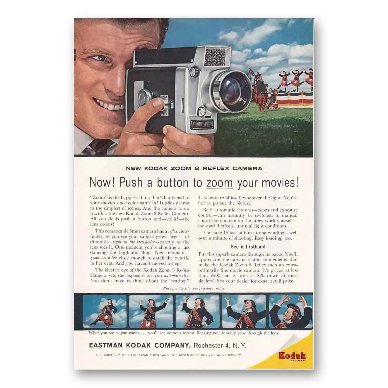 1961 Kodak Movie Camera Push Button to Zoom Vintage Magazine Print Ad