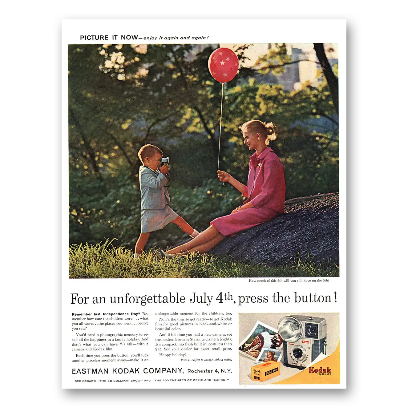 1961 Kodak Brownie Camera Unforgettable July 4th Vintage Magazine Print Ad