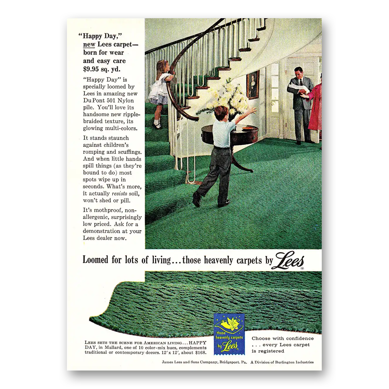 1961 Lees Carpet Happy Day Loomed for Lots of Living Vintage Magazine Print Ad