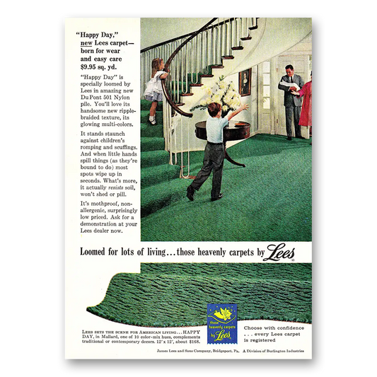 1961 Lees Carpet Happy Day Loomed for Lots of Living Vintage Magazine Print Ad