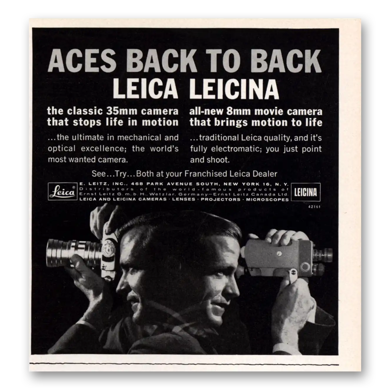 1961 Leica Cameras Aces Back to Back Leicina Vintage Magazine Print Ad