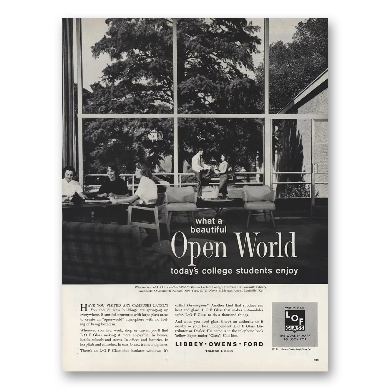 1961 LOF Glass University of Louisville Library Vintage Magazine Print Ad