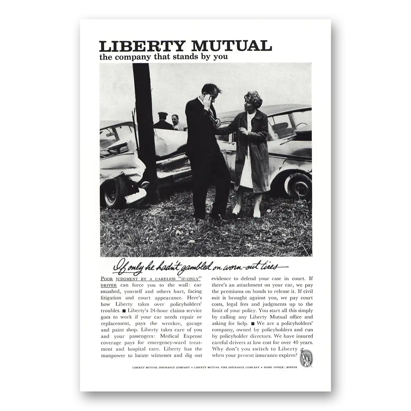 1961 Liberty Mutual Insurance Gambled Worn Out Tires Vintage Magazine Print Ad