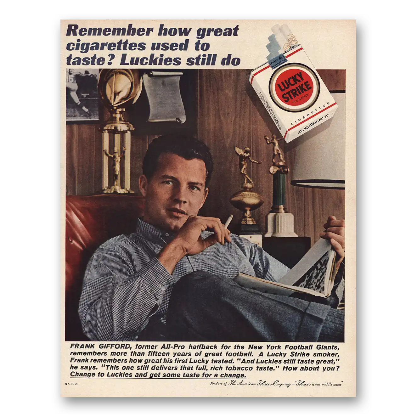 1961 Lucky Strike Cigarettes Frank Gifford Former All Pro Halfback Vintage Magazine Print Ad